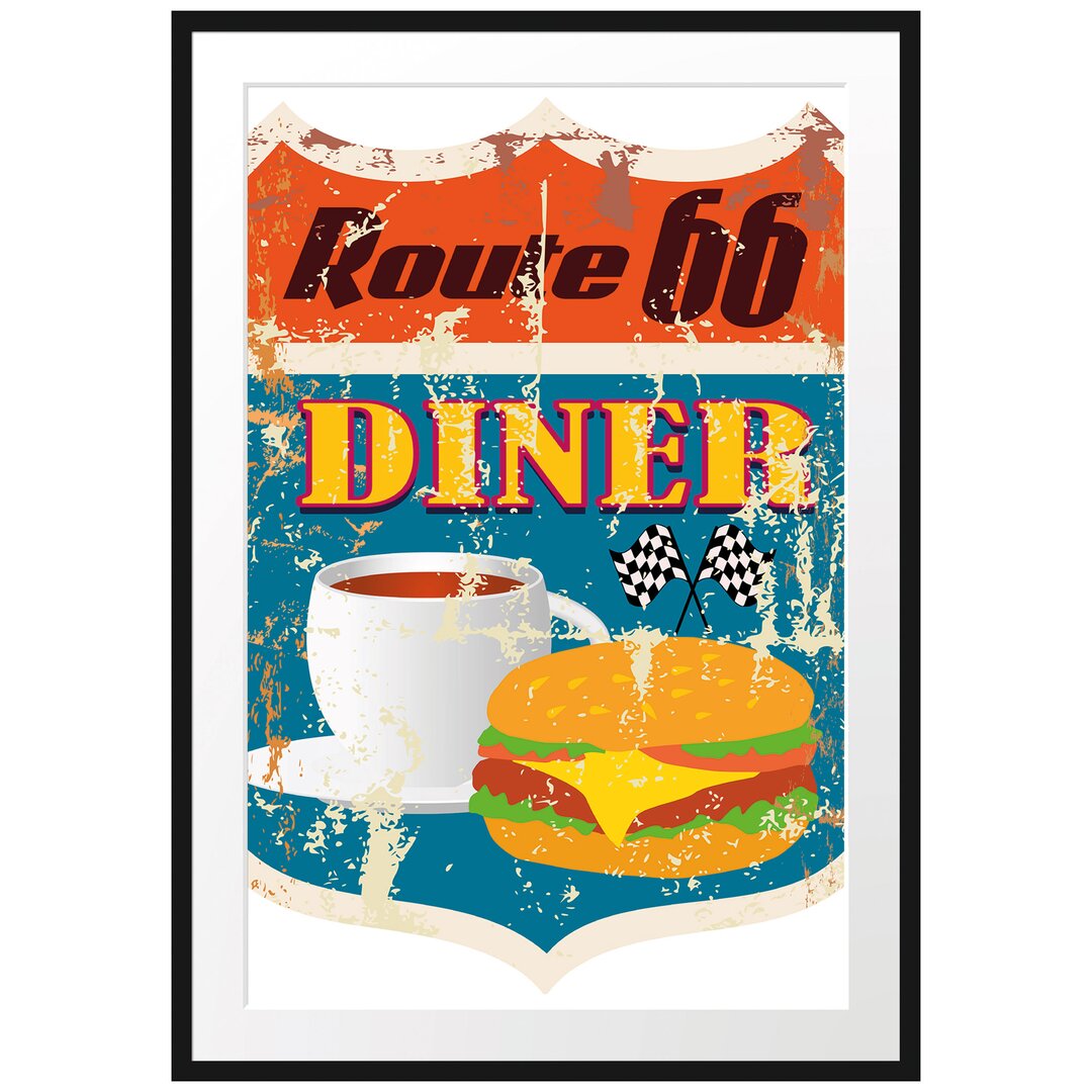 Gerahmtes Poster Altes Route 66 Schild Diner