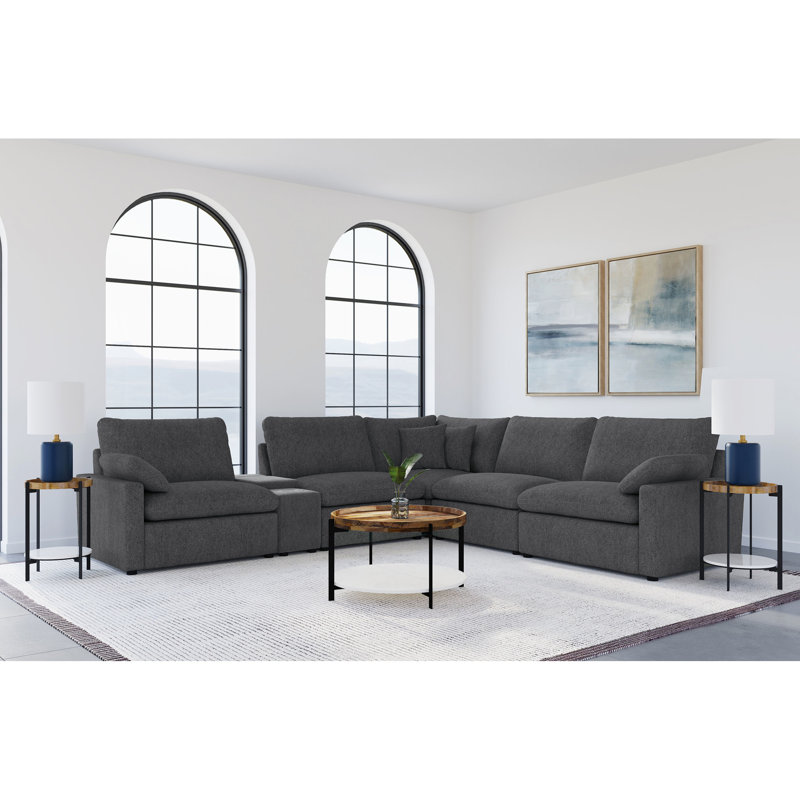 Canapé modulaire inclinable électrique gris foncé avec console et deux porte-gobelets pour plus de confort