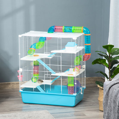 Cage à 5 hamster avec tubes, tunnels et plat de nourriture - très grand, tubes portables bleus 5, conception