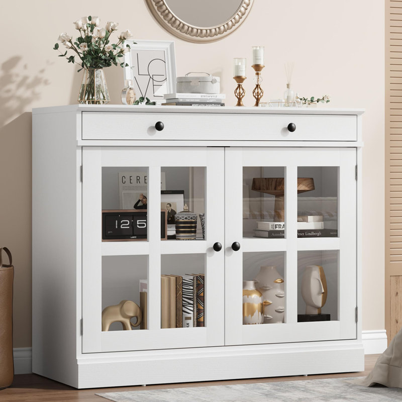 35.4 in Sideboard Buffet Cabinets with Glass Door, Buffet Cabinet with Storage, White Sideboard Cabinet with Drawer, White