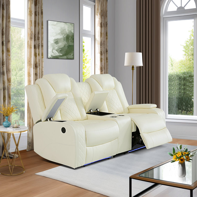 Causeuse de salon 74 po en cuir avec console centrale, Crème, crème