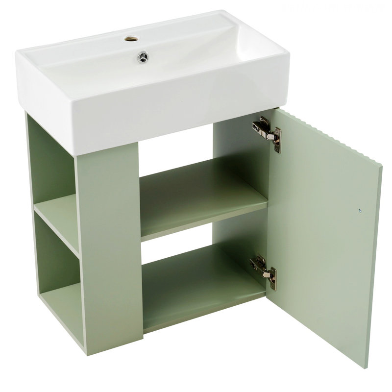 Meuble-lavabo flottant de style moderne avec lavabo en céramique et rangement à gauche, Vert