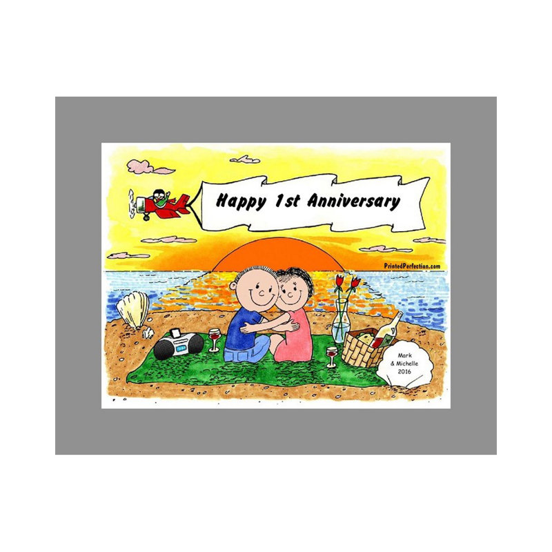 Personalized Lovers on the Beach Cartoon Caricature with a Mat, Ready to Frame, Yes