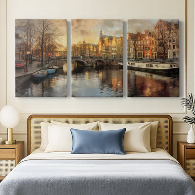 Amsterdam Canal At Sunset 3 Piece Canvas Wall Art Set - Cityscape Triptych, 24x36 Each Panel, Gallery Wrapped Ready to Hang - Landscape Series CCXVII