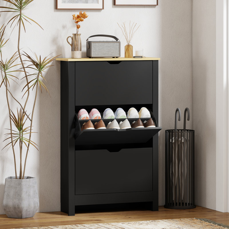 Armoire à chaussures étroite avec 3 tablettes réglables, noir