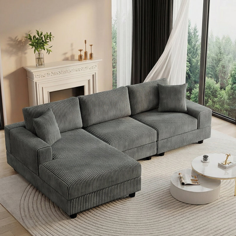 103" L-shaped Modular Sectional Sofa 3-Piece Corduroy Deep Seat Couch With Chaise Set & Pillows, Gray Corduroy
