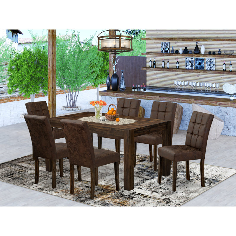 7 Piece Dining Table Set contain A Dinning Table and 6 Black Textured Polyester Fabric Mid Century Modern Dining Chairs, Distressed Jacobean