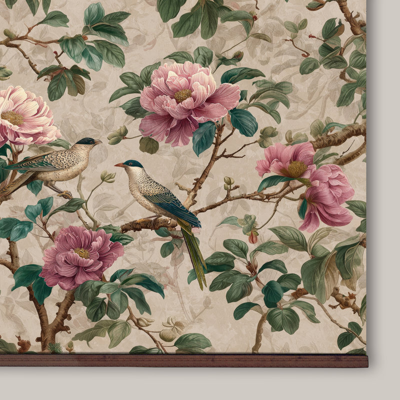 Tapisserie botanique rétro - art mural floral et oiseau sur toile, conception inspirée de William Morris, H 45 po x l 73 po