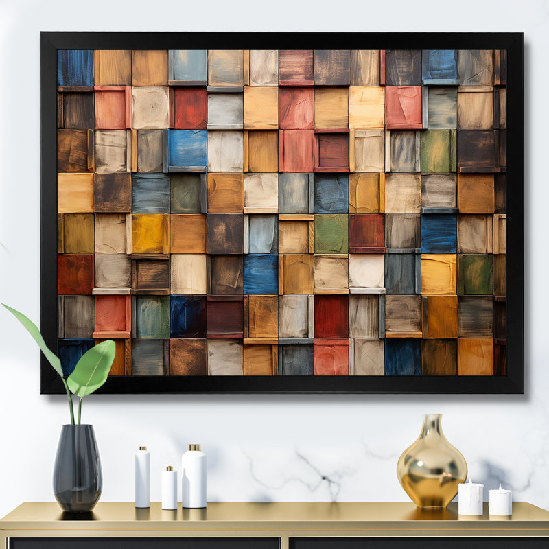 Carreaux colorés de couleurs terreuses III - art mural mosaïque Boho, Cadre d'angle fermé noir, H 30 po x l 40 po x P 1,5 po