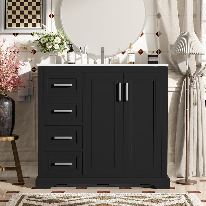 Meuble-lavabo de 36 po au fini noir avec lavabo en céramique, fonction de fermeture en douceur, tablette réglable, 3 tiroirs et finition de capacité de rangement adéquate, portes, grande tablette dans les tablettes