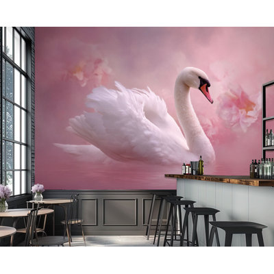Papier peint adhésif rose éthéré cygne rose avec étangs transparents de couleur étang de H 69 po x l 96 po, papier peint amovible en PVC pour chambre à coucher, bureau à domicile