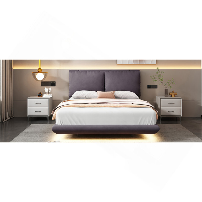 Lit plateforme tapissier pleine grandeur avec capteur de lumière et 2 grands dossiers, lit plateforme élégant avec 2 ensembles de ports USB et de prises sur chaque pied de lit arrière, gris