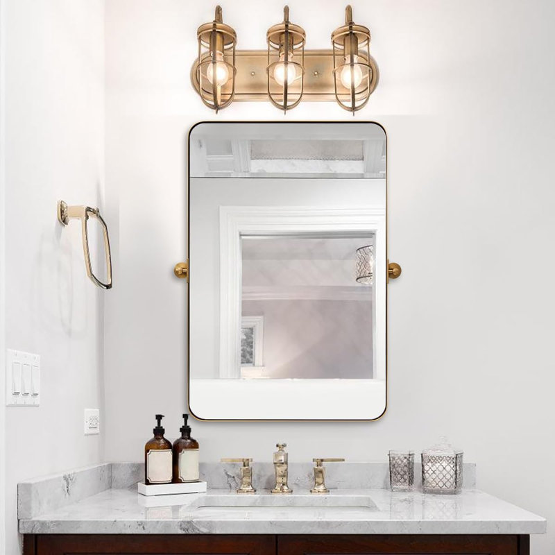 Miroir de salle de bain mural moderne inclinable | Cadre pivotant en acier inoxydable, Or brossé, 36 po x 24 po