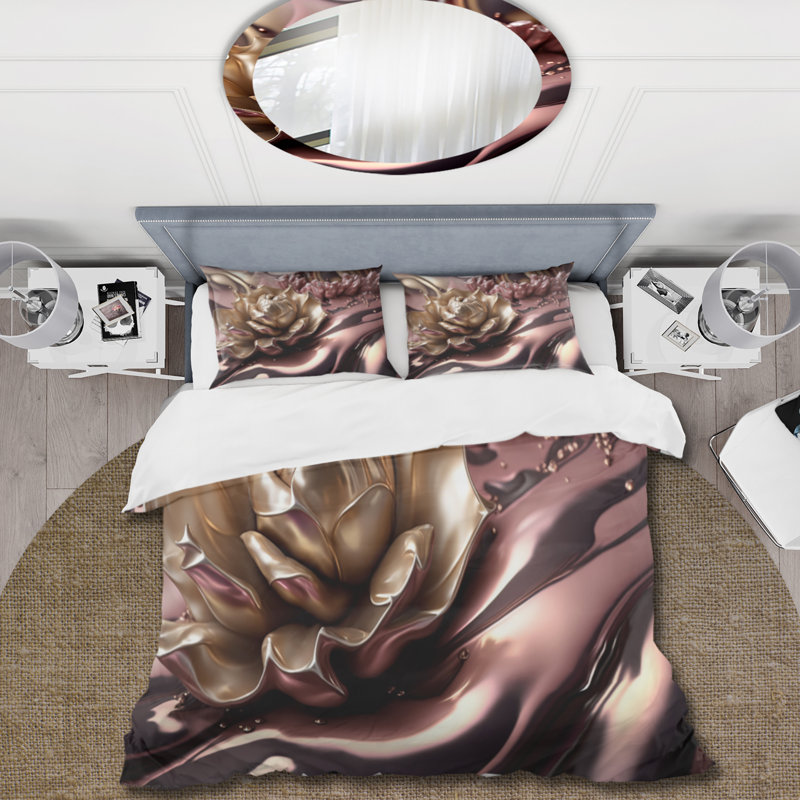 Pink And Gold Glam Flowers V - Floral Duvet Cover Set - Microfiber Polyester, Twin Duvet Cover + 1 Standard Sham