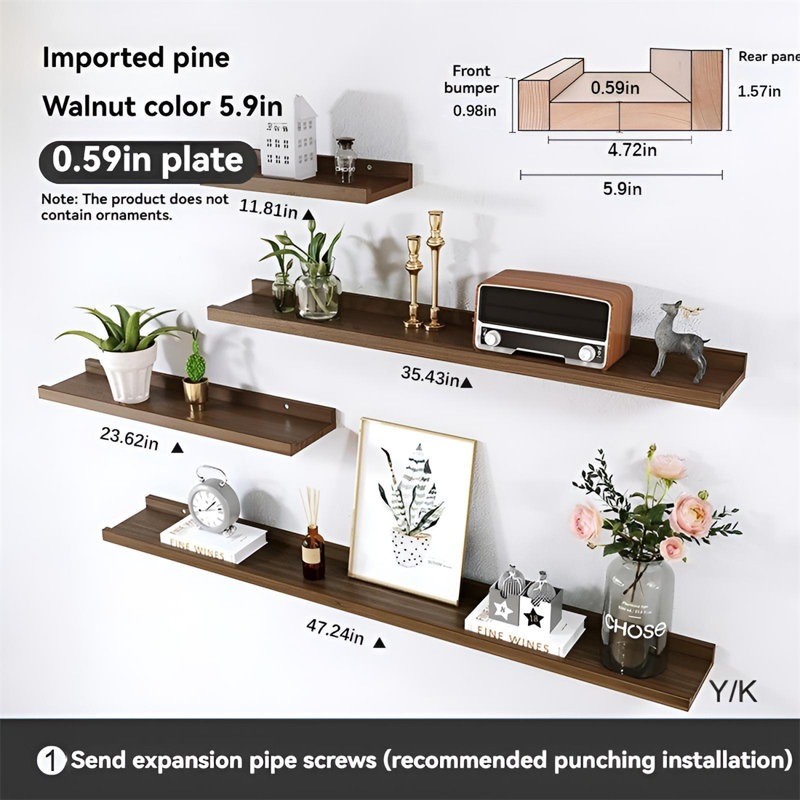 Tablette murale flottante en bois massif, H 1,57 po x l 47,24 po x P 5,9 po