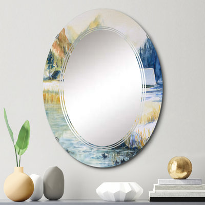 Paysage avec montagne bleue et rivière - miroir mural traditionnel ovale