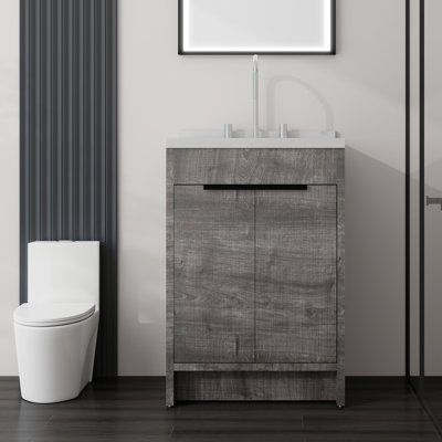 Meuble-lavabo de 61 cm (24 po) avec lavabo en céramique, armoire autoportante en contreplaqué, comptoir et dosseret en marbre reconstitué, portes à fermeture amortie, gris