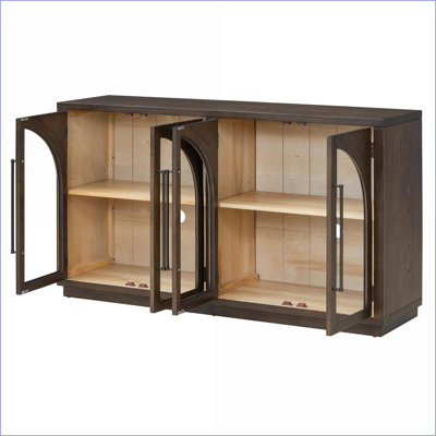 Buffet rétro en verre à 4 portes avec tablettes réglables, espresso | Bois d'hévéa + panneau de fibres à densité moyenne + placage de chêne