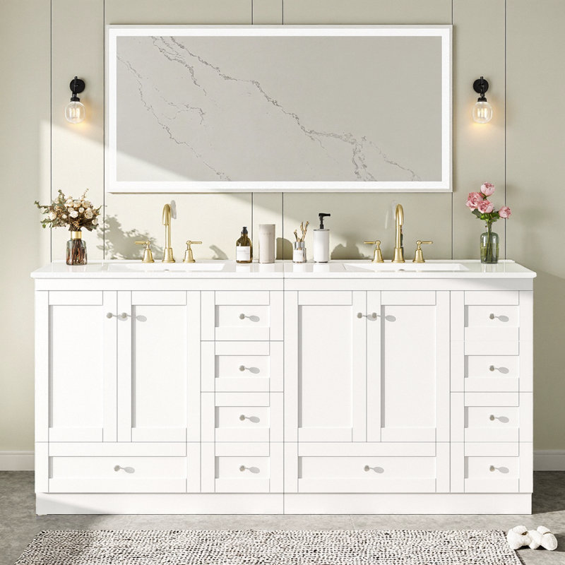 Meuble-lavabo blanc 72 po avec lavabo double en céramique et portes / tiroirs à fermeture en douceur, Blanc