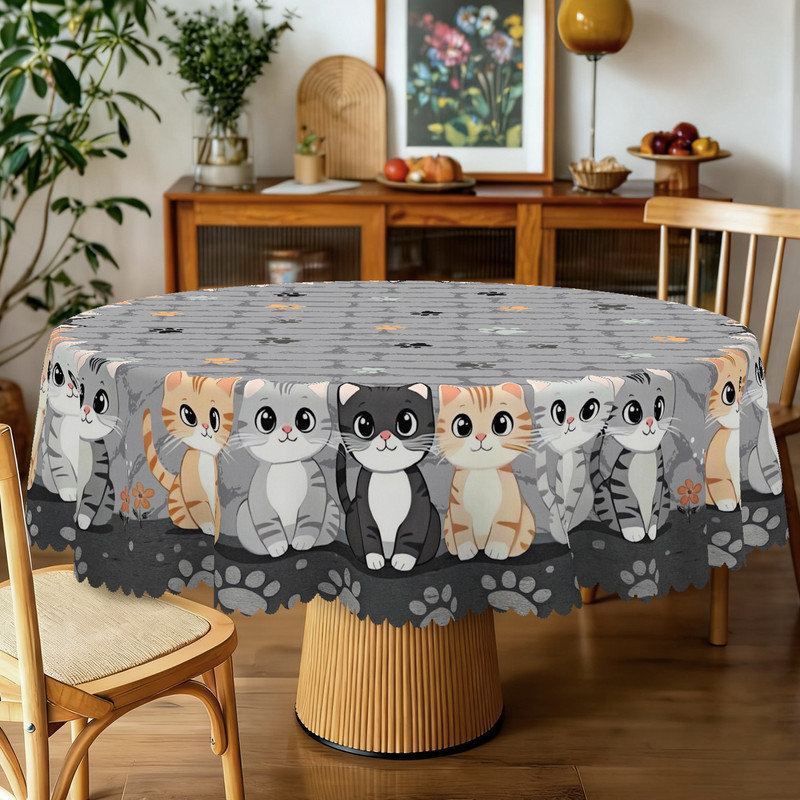 Cartoon Cat Design Washable Gray Polyester Tablecloth