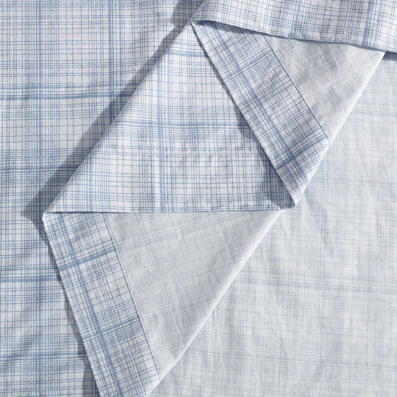 Calvin Klein Printed Sateen Cotton Sheet Set, King Sheet Set with 2 Pillowcases, Grid Blue