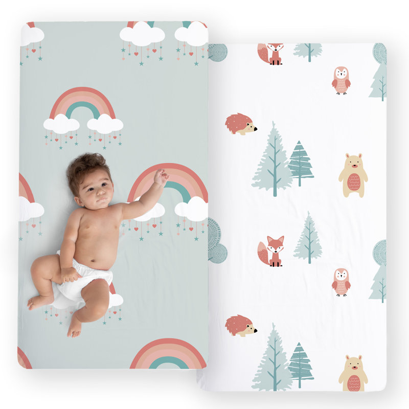 JumpOff Jo - Ensemble de 2 draps-housses pour lit de bébé, drap de lit de bébé 100% coton super doux et respirant pour matelas de lit de bébé standard et lits pour tout-petits, 28 po x 52 po - Woodland & Rainbows