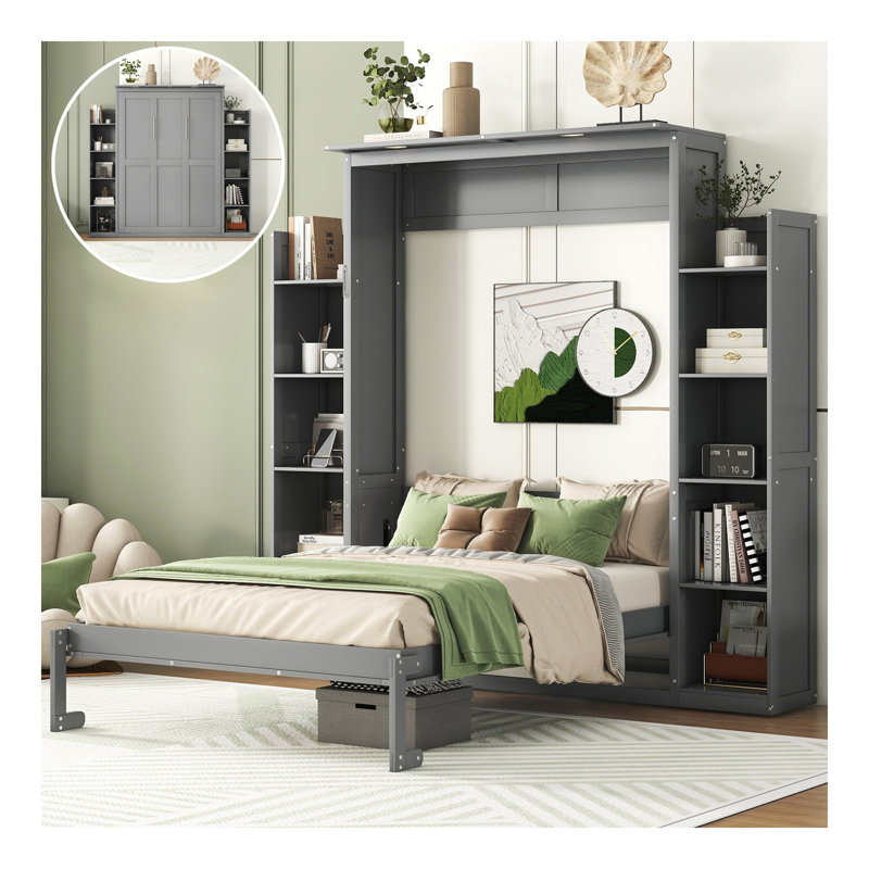 Lit escamotable double pleine grandeur avec tablettes et lumières DEL, gris