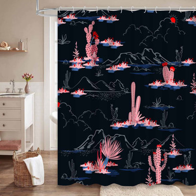 Seamless Summer Cactus Desert Teal Shower Curtain with 12 Hooks