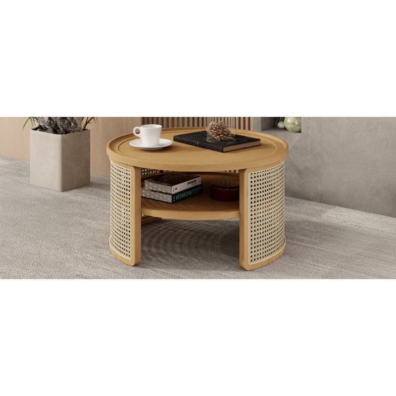 Table basse ronde à 2 niveaux en bois naturel avec base en rotin de rangement de 31,3 po