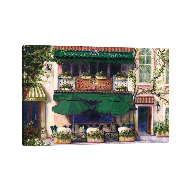 «Cafe VIII» par Malenda Trick - peinture sur toile tendue, H 12 po x l 18 po x 1,5 po