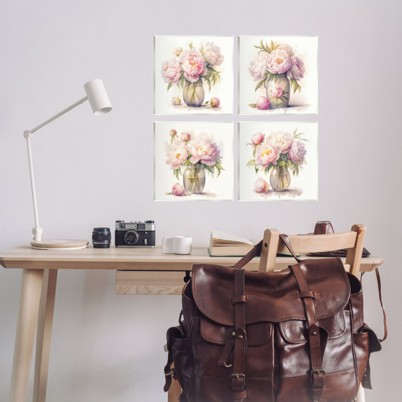 Jolies pivoines roses, ensemble de 4 plaques murales par LSR Design Studio