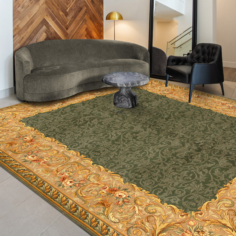 Hand Knotted Wool Area Rug in Green And Cream