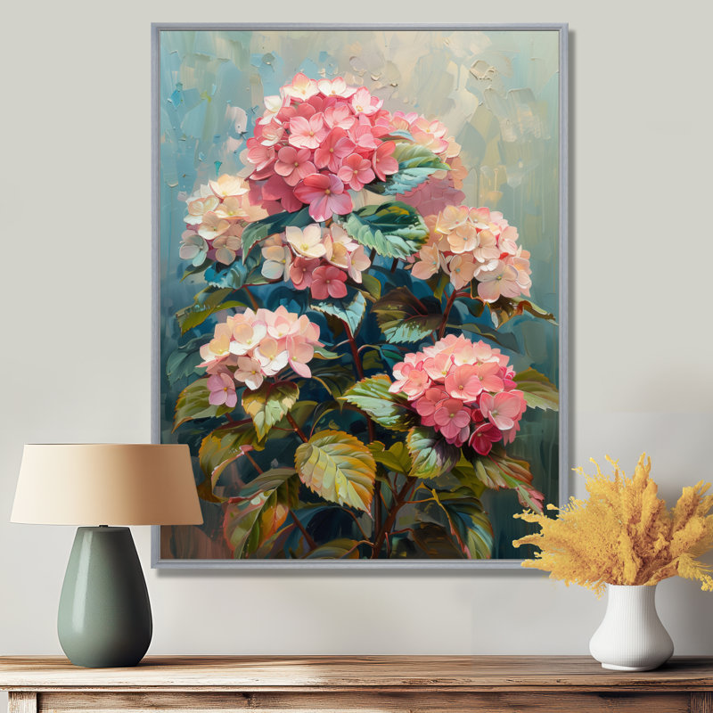 Hortensia rose et bleu qui fleurit en été IV - hydrangées, art mural, Encadrement argenté, H 30 po x l 40 po
