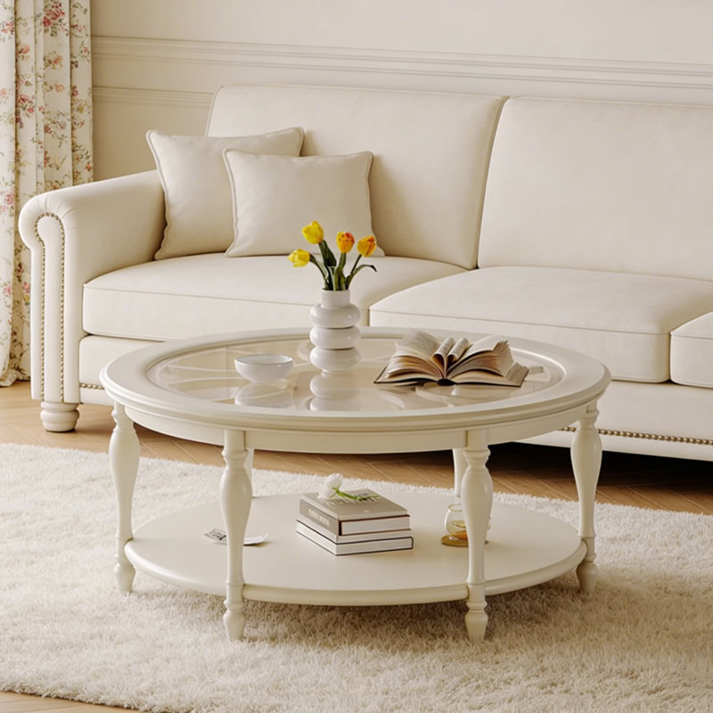 Cream-style Double-layer Round Coffee Table, 21.65" H x 43.3" L x 43.3" W