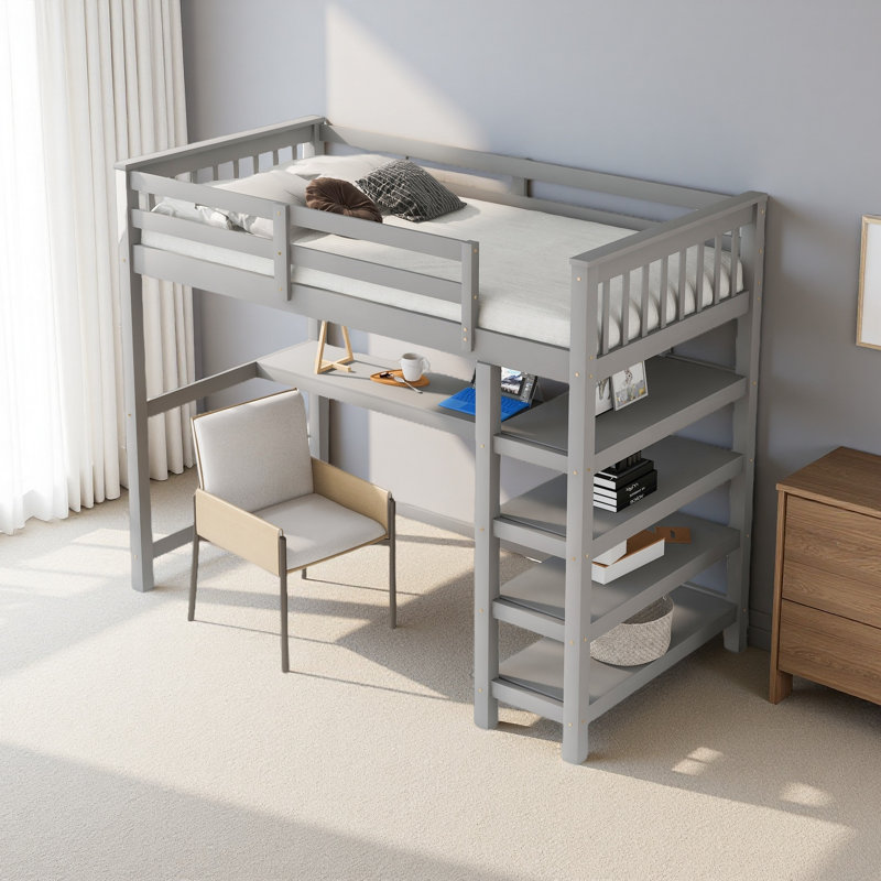 Lit mezzanine avec tablettes de rangement et bureau sous le lit, Lit simple, Gris