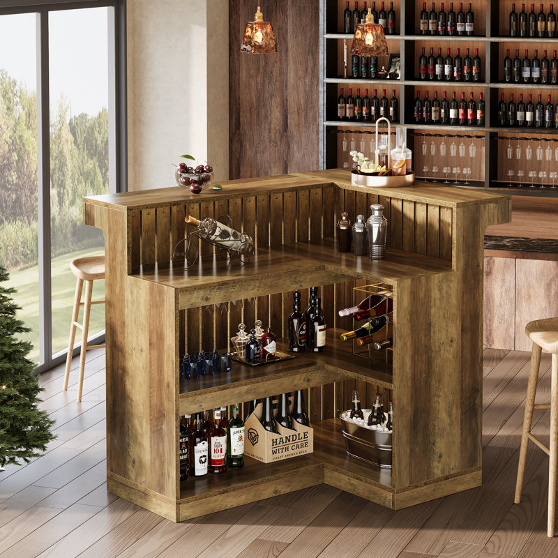 L-Shaped Home Bar Cabinet, 4-Tier Corner Liquor Bar Table, Brown