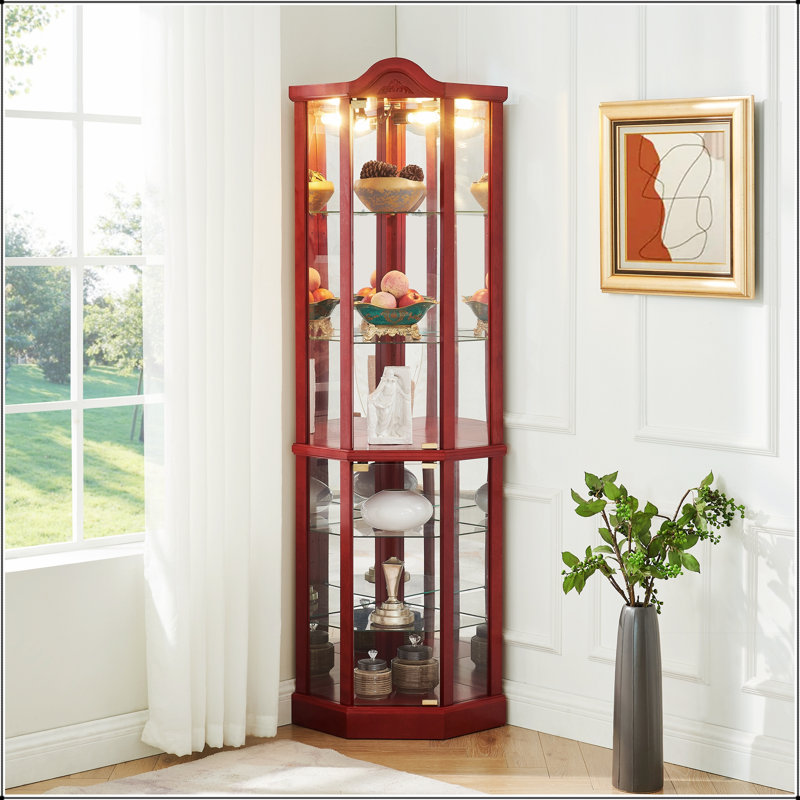 Glass Cabinet Lighted Corner Display Curio, Ideal For Showcasing Collectibles And Maximizing Corner Space With Elegance.