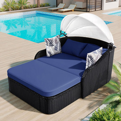 79.9" Outdoor Sunbed With Adjustable Canopy, Double Lounge, PE Rattan Daybed, Wicker And Cushion
