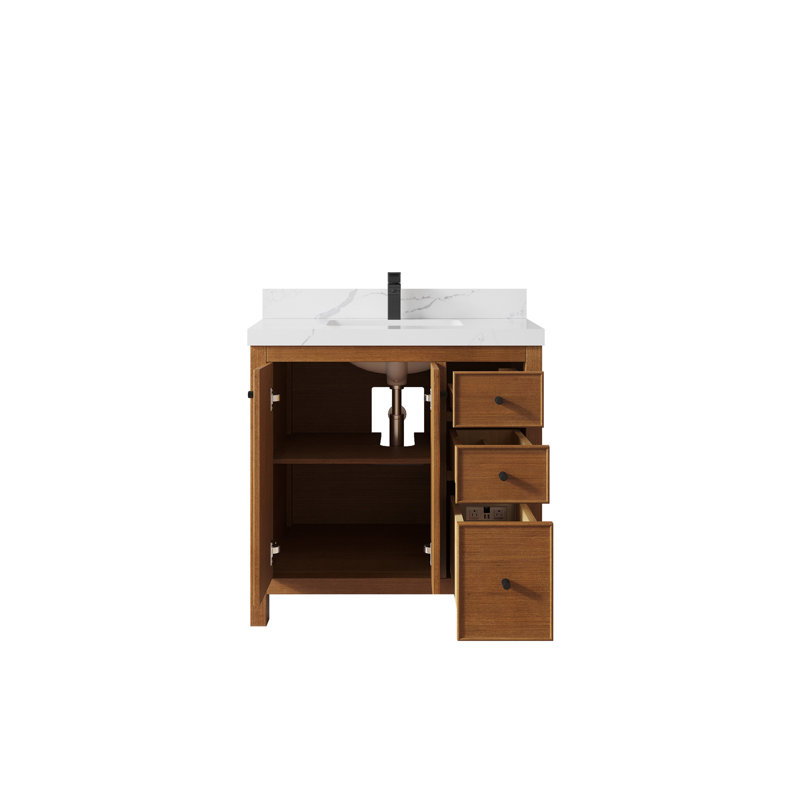 Meuble-lavabo simple 36 po avec plateau Chicago Teak, Calacatta Laza