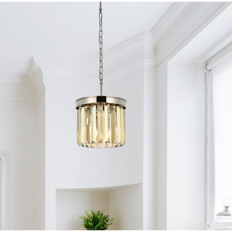Luminaire suspendu tambour simple 3 lumières Yazmin, Fumée, Nickel poli