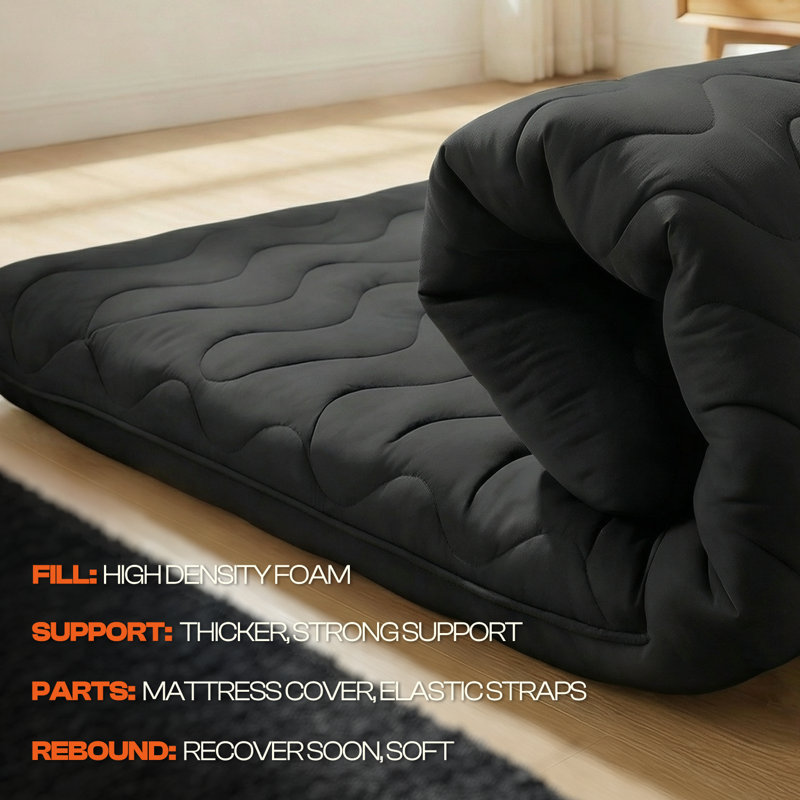 Matelas de futon japonais, grand lit, matelas de sol pliable et matelas de sol 3,5 po, noir, Grand lit