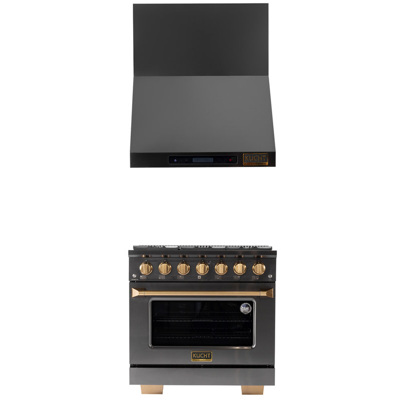 KUCHT 36 in. 5.2 cu. ft. 6-Burners Dual Fuel Range for Natural Gas in Gemstone + Wall Mount Range Hood