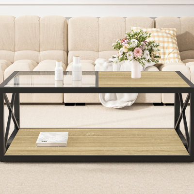 Table basse de style industriel moderne avec verre trempé et bois naturel, pour l'aménagement du salon, capacité de charge de 220 lb, surface à gratter
