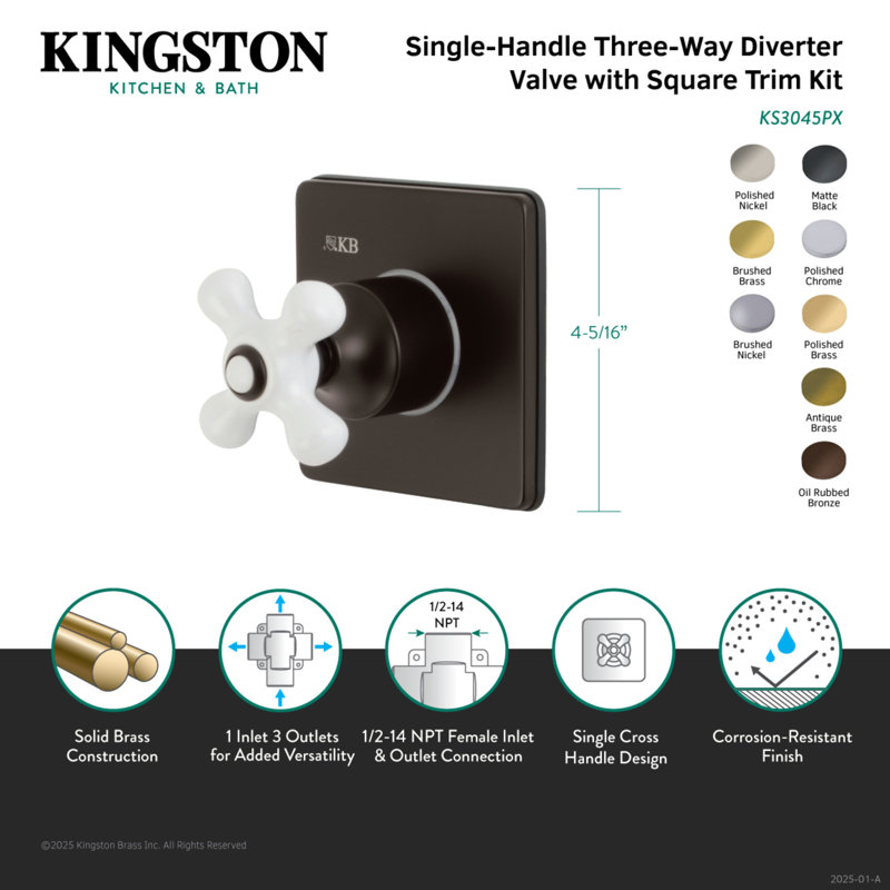 Kingston Brass Single-Handle Wall Mount Three-Way Diverter Valve with Trim Kit, Polished Chrome