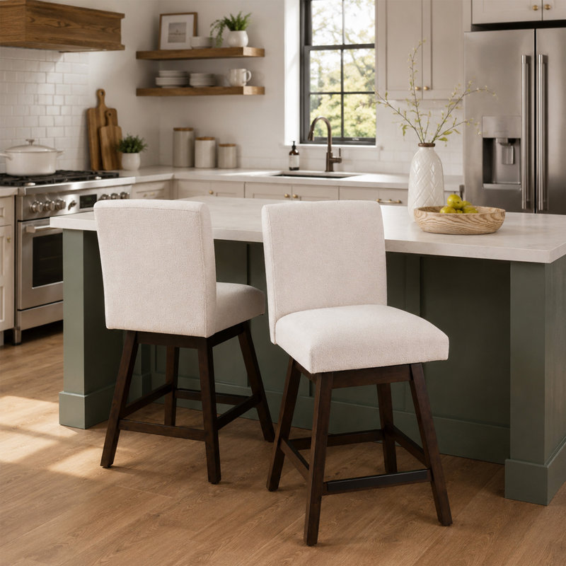 Cyrus Swivel Upholstered Stool (Set of 2), Counter Stool (26" Seat Height), Tan Seat/Brown Frame
