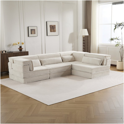 Canapé à compression Mahjong, canapé-lit convertible au sol, canapé modulaire modulaire désossé DIY, aucun assemblage requis, tissu polaire circulaire, surdimensionné à 4 places avec 3 coussins, blanc