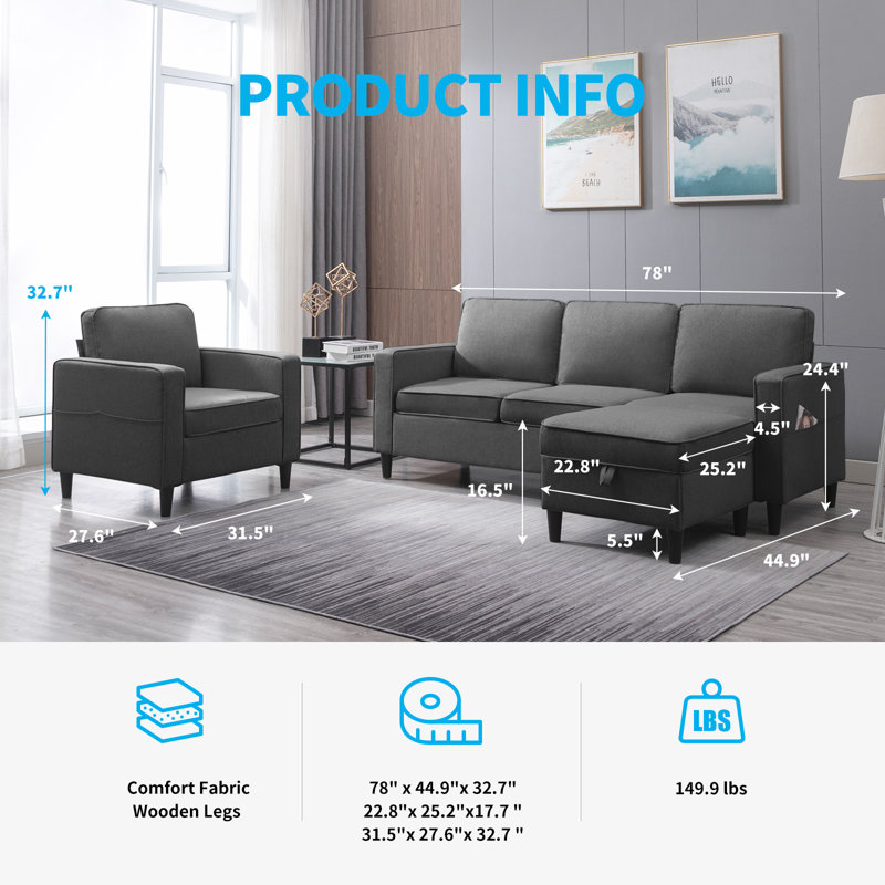 3-Pieces Convertible Sectional Sofa with Storage Ottoman & Single Sofa Chair with Pockets, Dark Grey, Dark Grey Cotton Blend