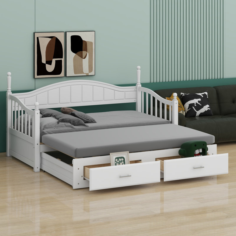 Lit de jour avec lit gigogne, lit de jour extensible avec deux tiroirs de rangement, Blanc
