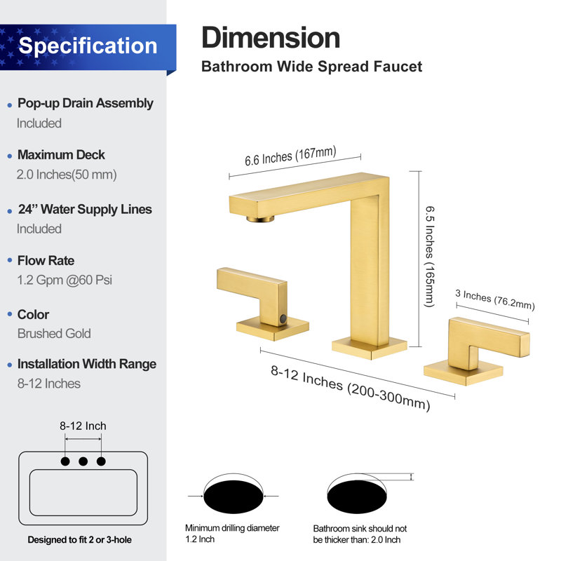 Widespread 2-handle Bathroom Faucet with Drain Assembly, Brushed Gold