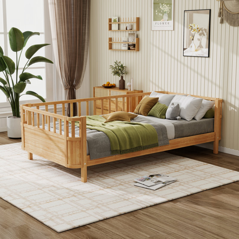 Twin Size Toddler Solid Wood Kids Bed With Safety Guardrails, Natural